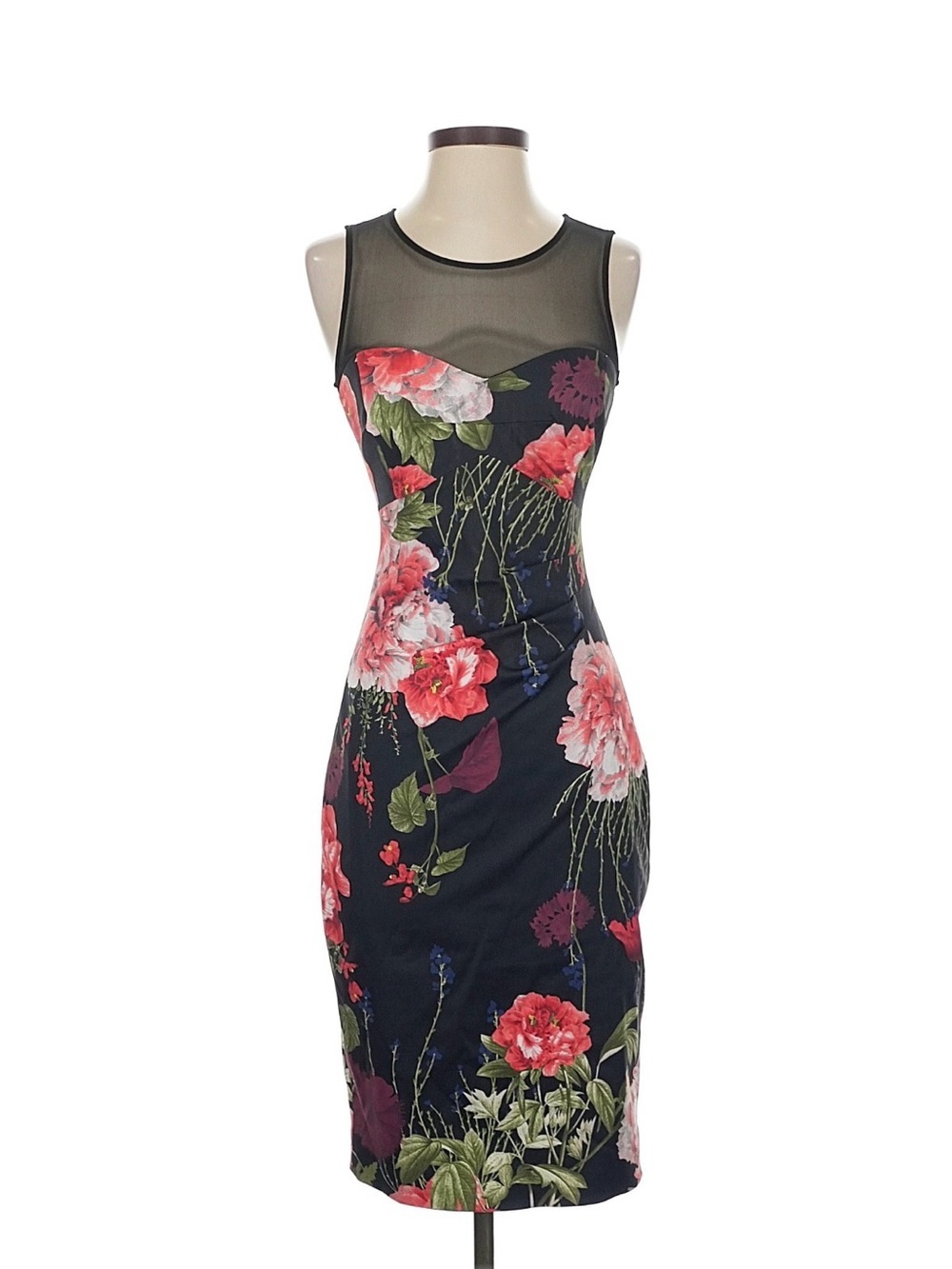 Karen Millen Floral Sheath Dress with Mesh Yoke - Black/Pink